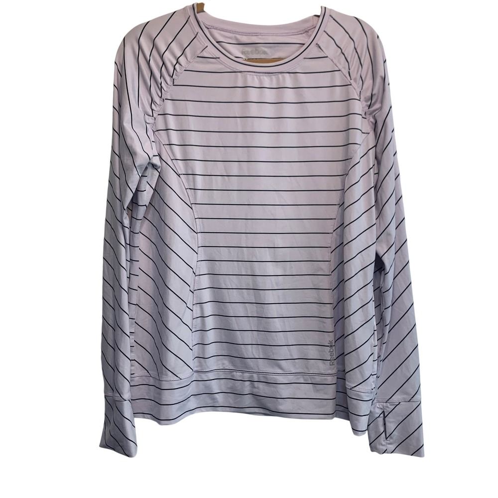 Reebok Long Sleeve Top XL Purple Black Striped Sporty Yoga Activewear Shirt